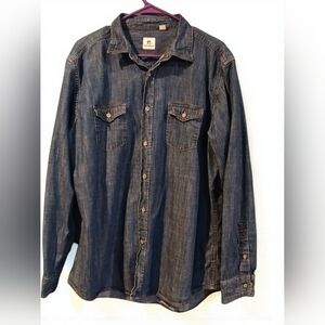 Life Khaki Blue Cotton Blend Denim Mens Long Sleeve Button Down Large Country